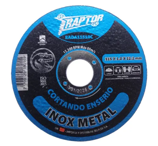 DISCO ABRASIVO DE CORTE PLANO INOX 115 x 1.0mm RAPTOR